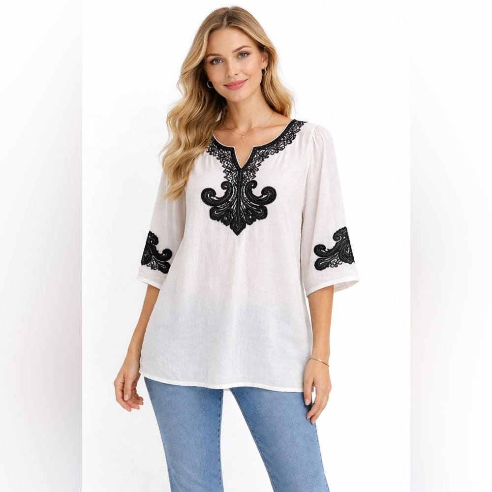 White Boho Tunic Blouse Black Embroidered V-Neck 3/4 Sleeve Lightweight Top 3P